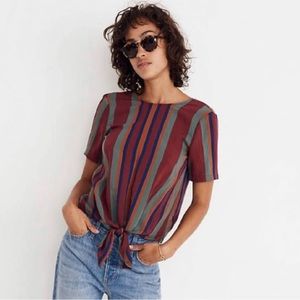 Madewell striped tie front blouse size L maroon blue teal rust back buttons